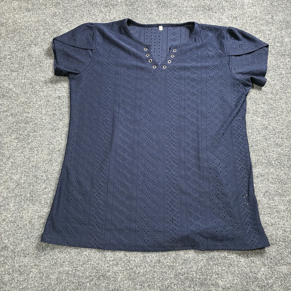Navy Blue Eyelet Lace Top Short Sleeve Grommet V-Neck Blouse Size XL